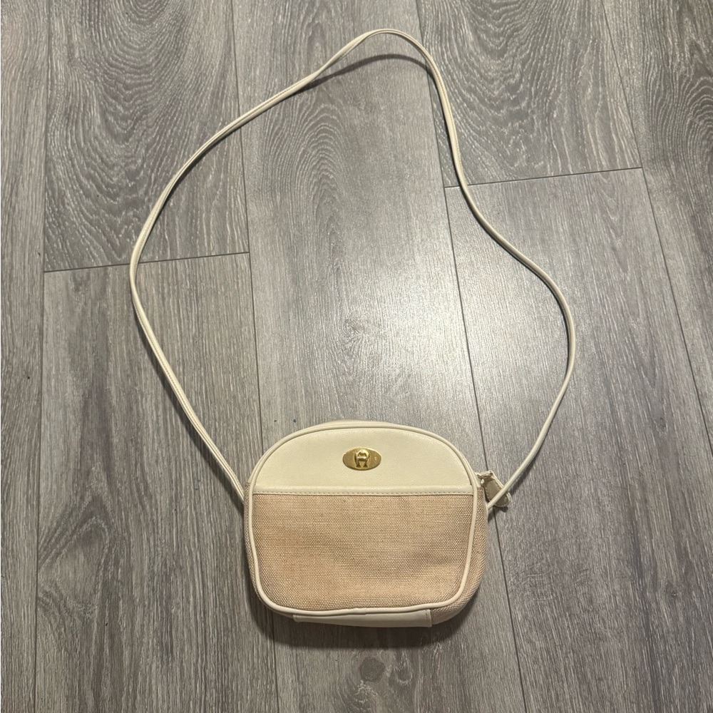 Vintage Etienne Aigner Cream Mini Crossbody Purse | Neutral Woven Panel Bag
